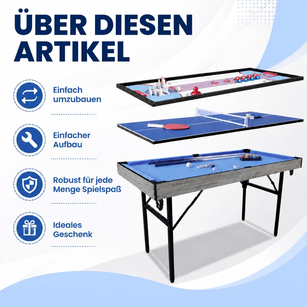 Multifunktions-Spieltisch 5 in 1 Klappbar mit Komplett-Zubehör, Multi-Game Tisch Billard, Tischtennis, Air Hockey, Bowling & Shuffleboard, Platzsparender Indoor Spieltisch für Wohnzimmer