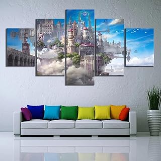 Quadro su Tela 5 Pezzi Quadri Moderni Fantasy Art Castle in The Sky Stampa su Tela Canvas Immagine di Decorazione Murale per Soggiorno Camera da Letto Telaio 150X80Cm Regali di Natale