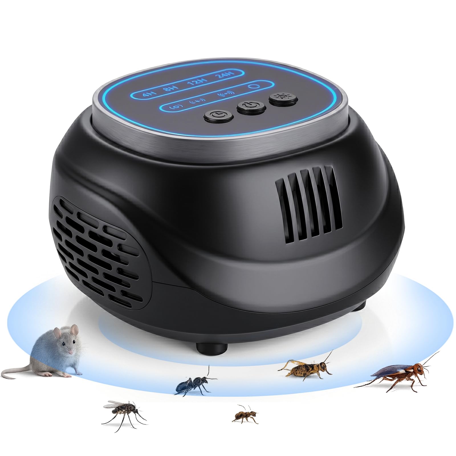 Ultrason Souris et Rats- Contre Les Insectes avec 4 Modes - Repulsif Souris à 360 Degrés - Prévient et Repousse Les écureuilsrats Souris FouineDomestiques Loirs Belettes et Autres Rongeurs(Noir)
