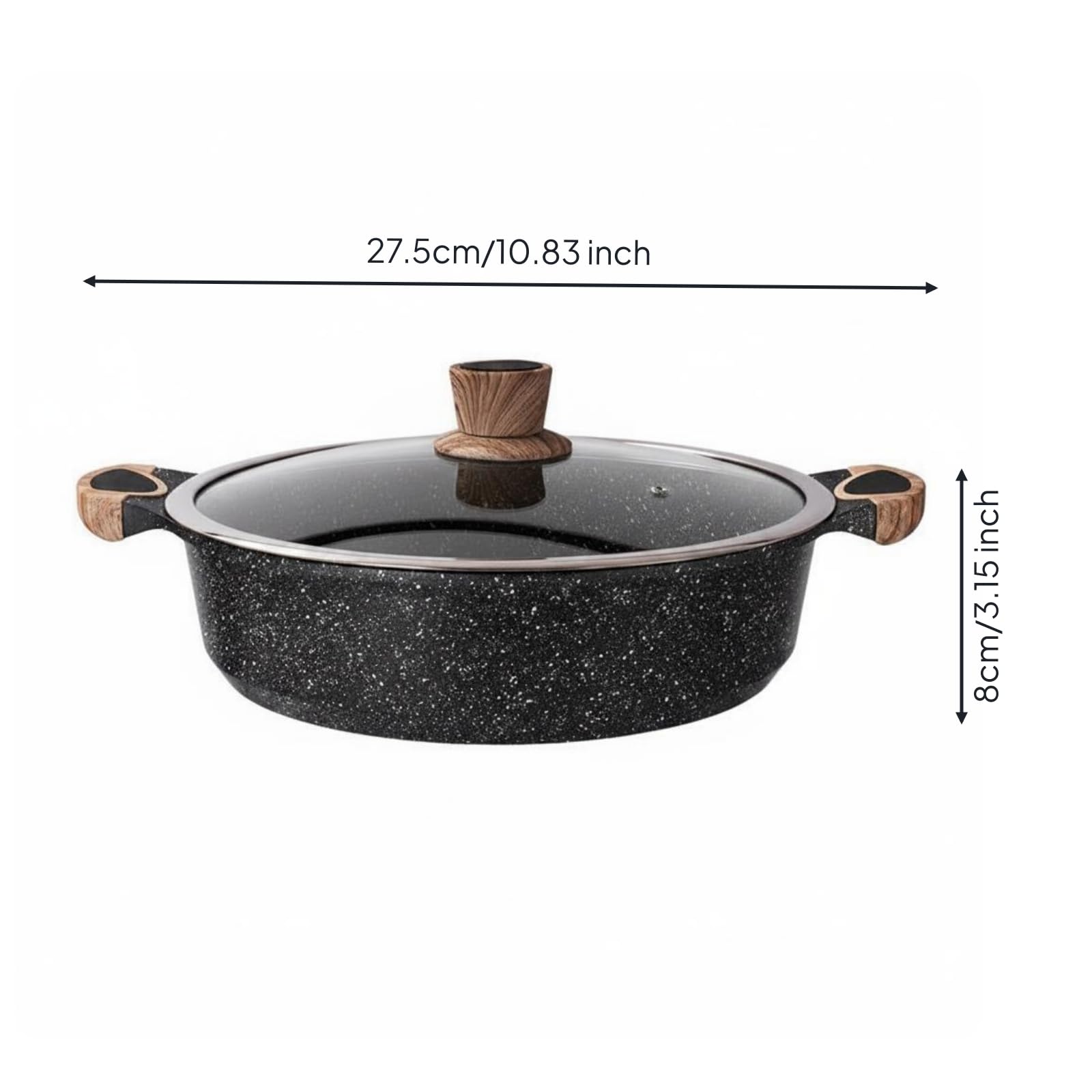KESOTO Olla de Piedra Antiadherente Sartén Caldero con Diseño de Asas Dobles y Tapa de Vidrio en Aleación de Aluminio Adecuada para Mover de Fogón a Mesa Cocinar Diario Cenas, 26cm