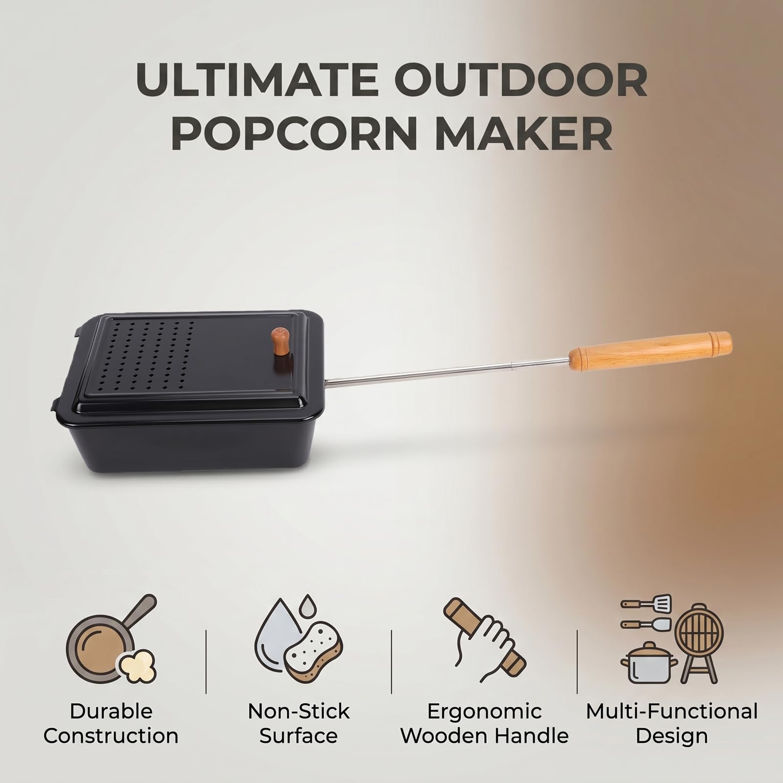 Generic Macchina per Popcorn Antiaderente Vecchio Stile per Popcorn da Campeggio con Manico in Legno per Casa, Campeggio, Cortile, Ferro, Legno di Faggio, Acciaio Inossidabile, 25x19x8,5 Cm