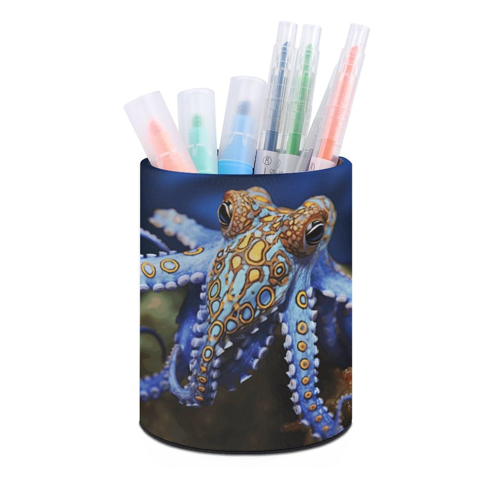 VstaDank Blue Ringed Octopus Pen Holder PU Leather Pencil Cup Minimalist Desk Pencil Holder Round Make Up Brush Organizers For Office Dorm Room&Vanity Desk Accessories