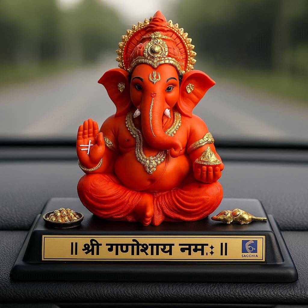 SAICHHA GIFTS SACCHIA Lord Ganesha Idol for Car Dashboard | Ganpati Bappa Murti with Base for Home Office Decor and Gift, Orange, 10 cm (White)