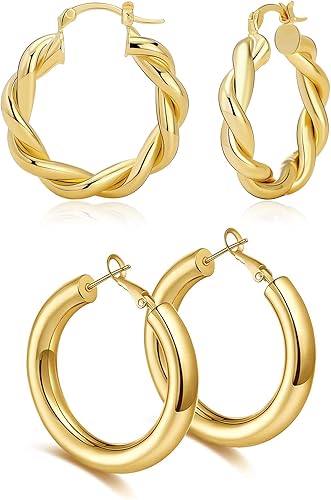 Aretes de aro de oro trenzado para mujer, gruesos, gruesos, ligeros, hipoalergénicos, Plata