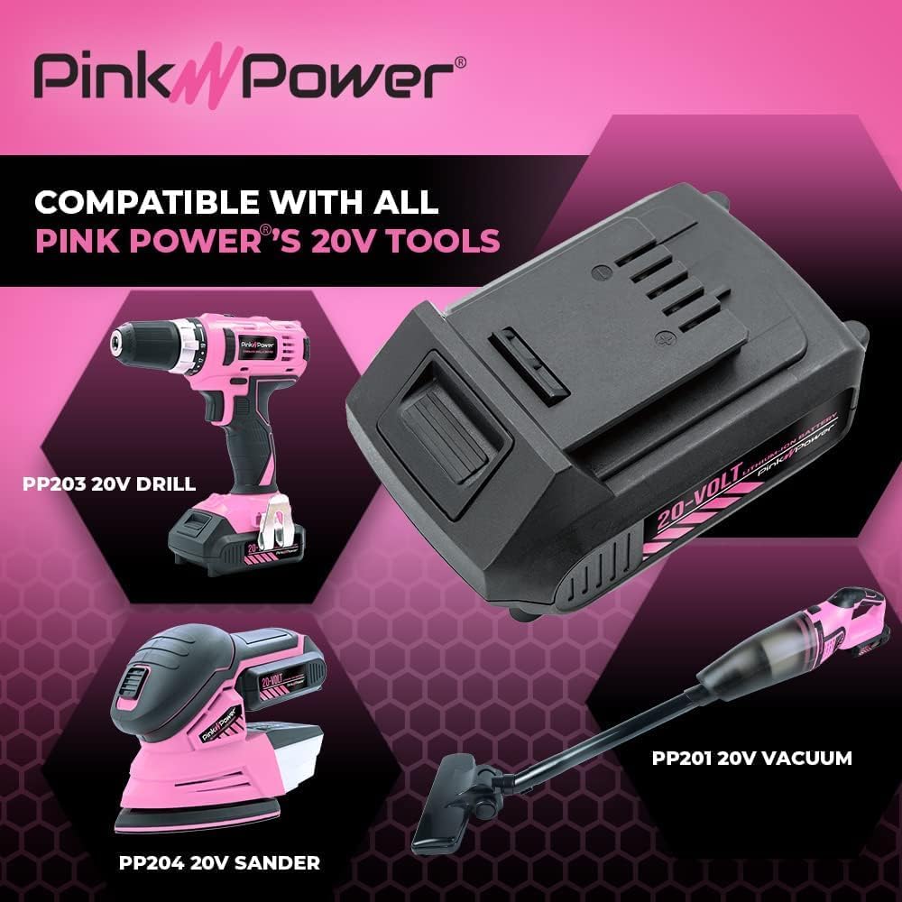 Pink Power PP202 20 Volt Replacement Battery for Drill Kit, Cordless Stick Vacuum and Cordless Electric Detail Sander