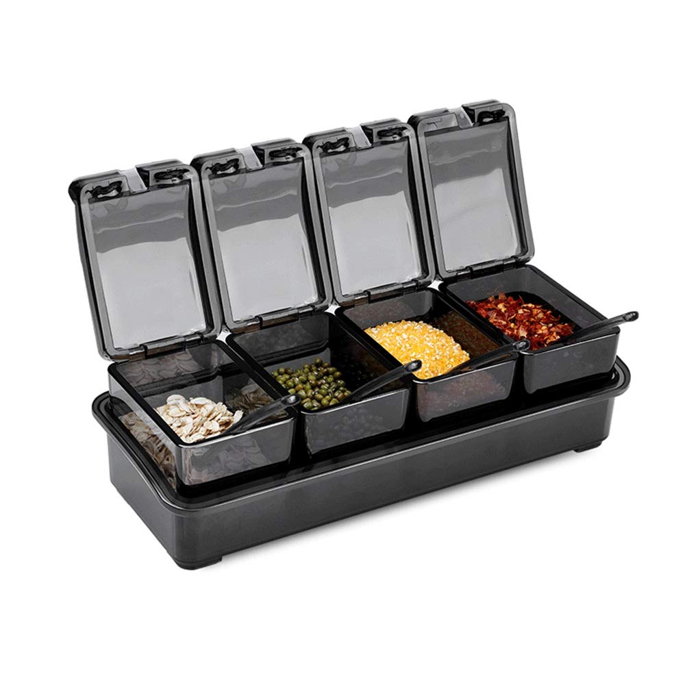 IANSHFKN Multifunction Spoon 4-compartment Spice Box Storage Container Salt Pepper Spray Sugar Seasoning Tank Kitchen Accessories