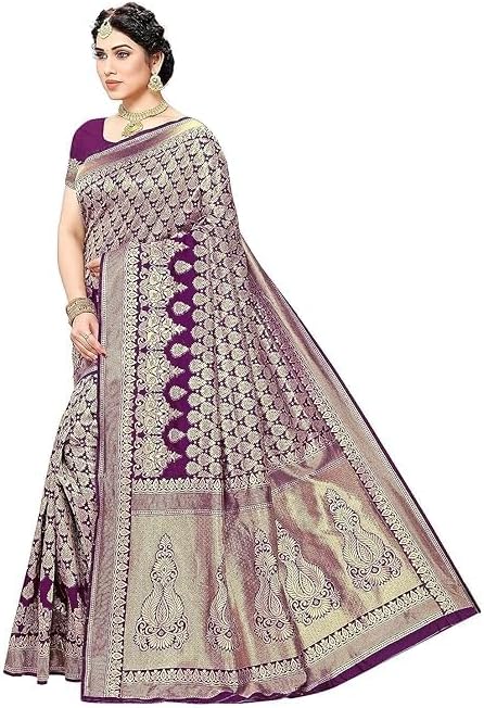 Women's Art Silk Saree with Blouse Material, Navy, Banarasi Kanjivaram Style, Floral and Paisley Zari Woven, Wedding Occasion, Free Size