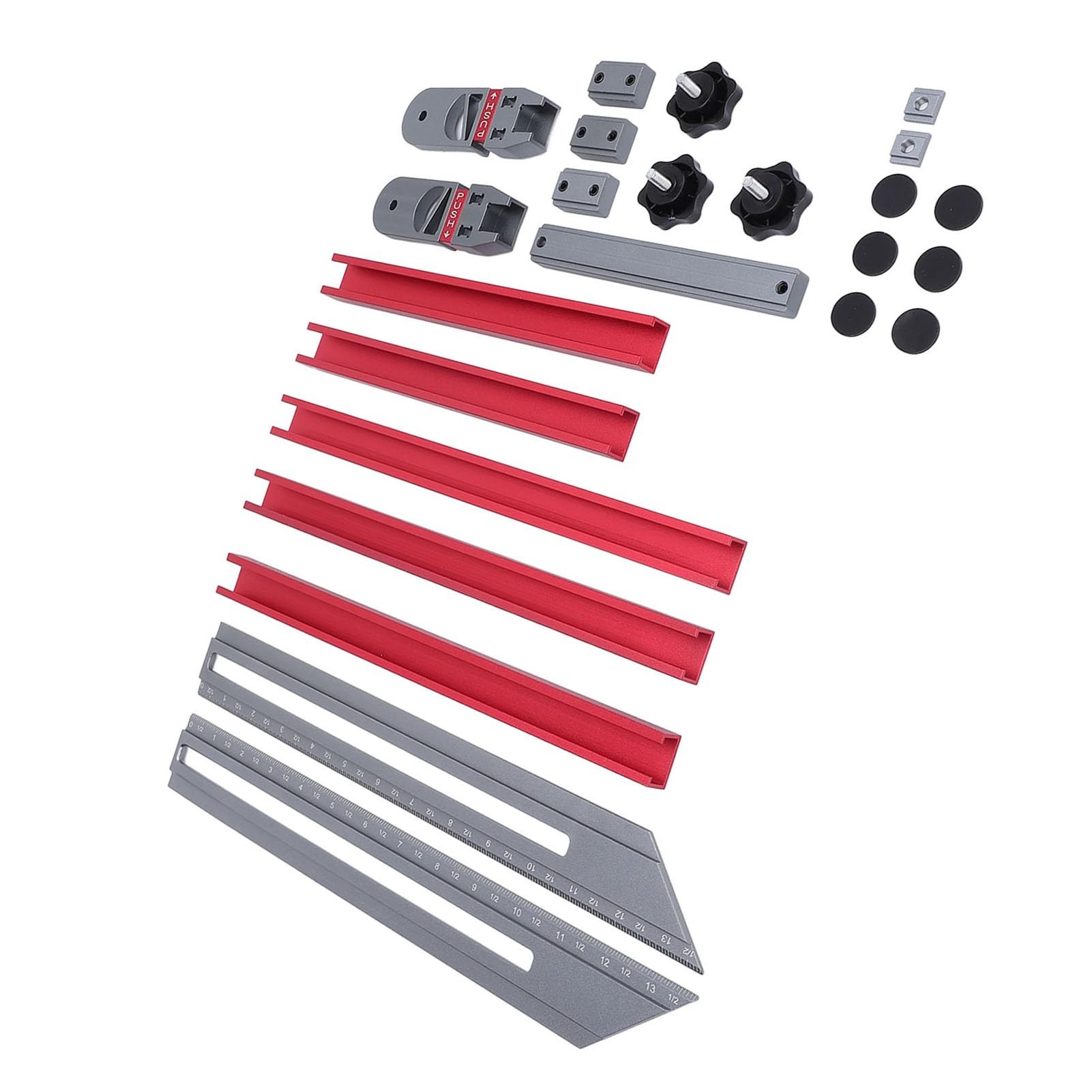 Calibrador para peldaños de escalera, aleación de aluminio, de 17,9 a 58,9 pulgadas; herramienta multifuncional de medición de peldaños con conectores deslizantes para trazar