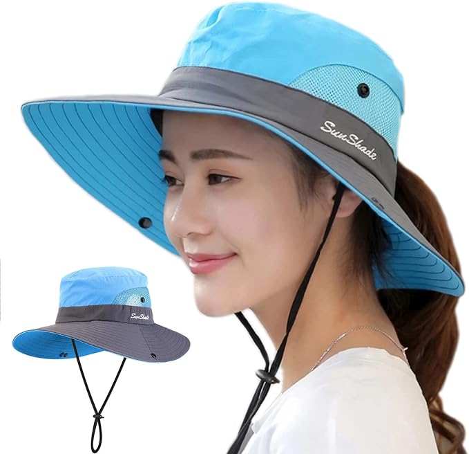 Womens Ponytail Sun Hat UV Protection Packable Wide Brim Beach Boonie