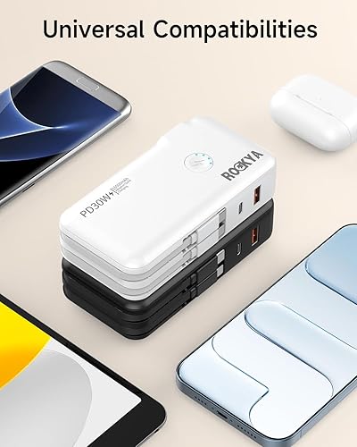 Miniatura 6 de Cargador portátil con enchufe de pared de CA y cables integrados, PD 30 W carga rápida USB C Power Bank 16000mAh con 4 salidas, batería de viaje