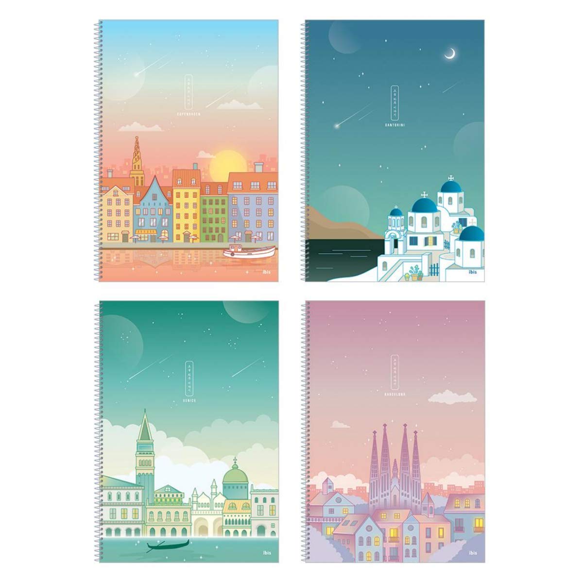 European Dreams Notizbuch/Tagebuch, koreanisch, ästhetisch, illustriert, für Mädchen, Frauen, College, Schule, 28 Seiten, 17 x 24,9 cm, 4 Stück