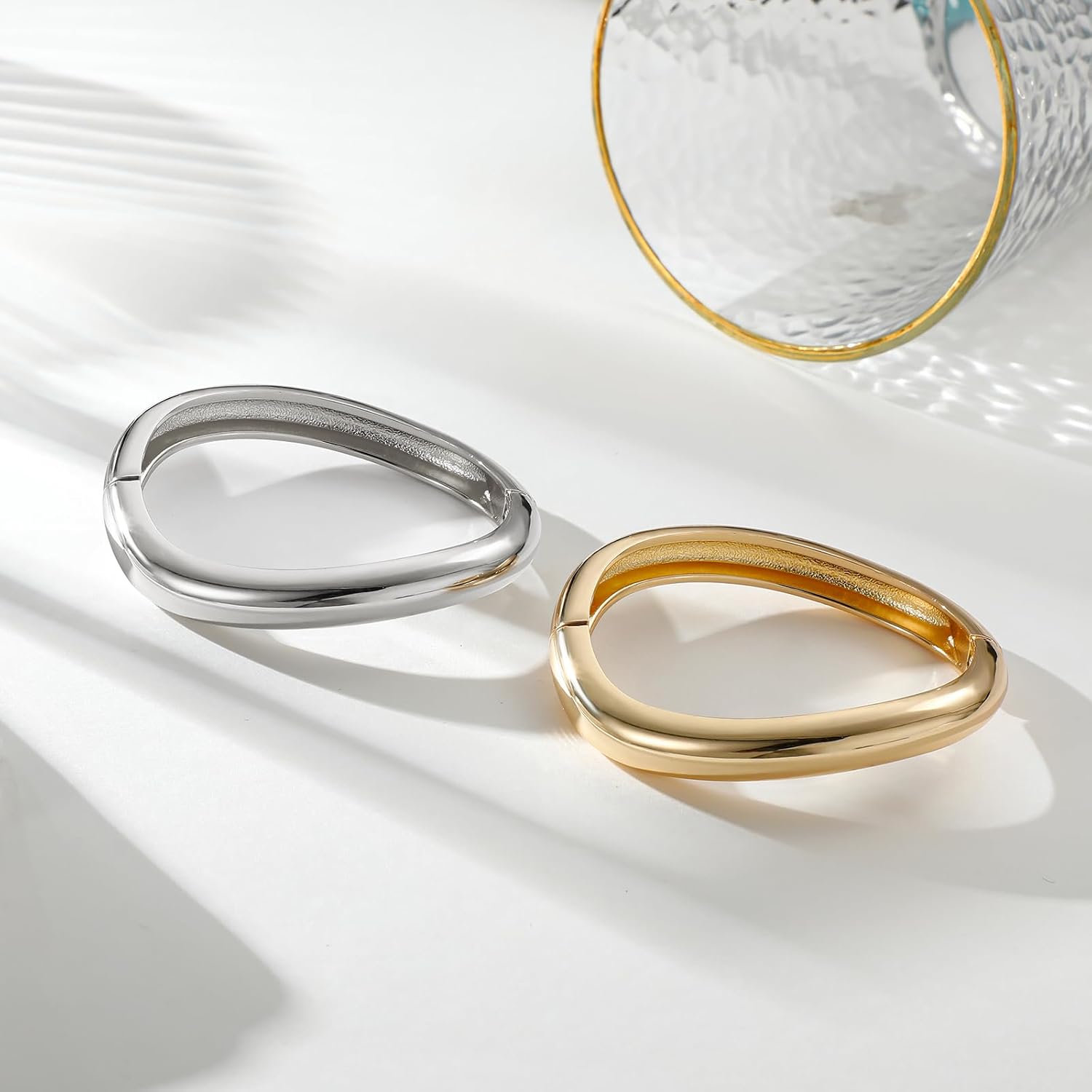 14K Gold Plated Bangle Bracelets for Women Silver Plated Polished Chunky Twisted Hinged Waterdrop Bangle Bracelet for Women Spiraled Oval Bangle Bracelet 2Pcs Minimalist Jewelry - Image 6