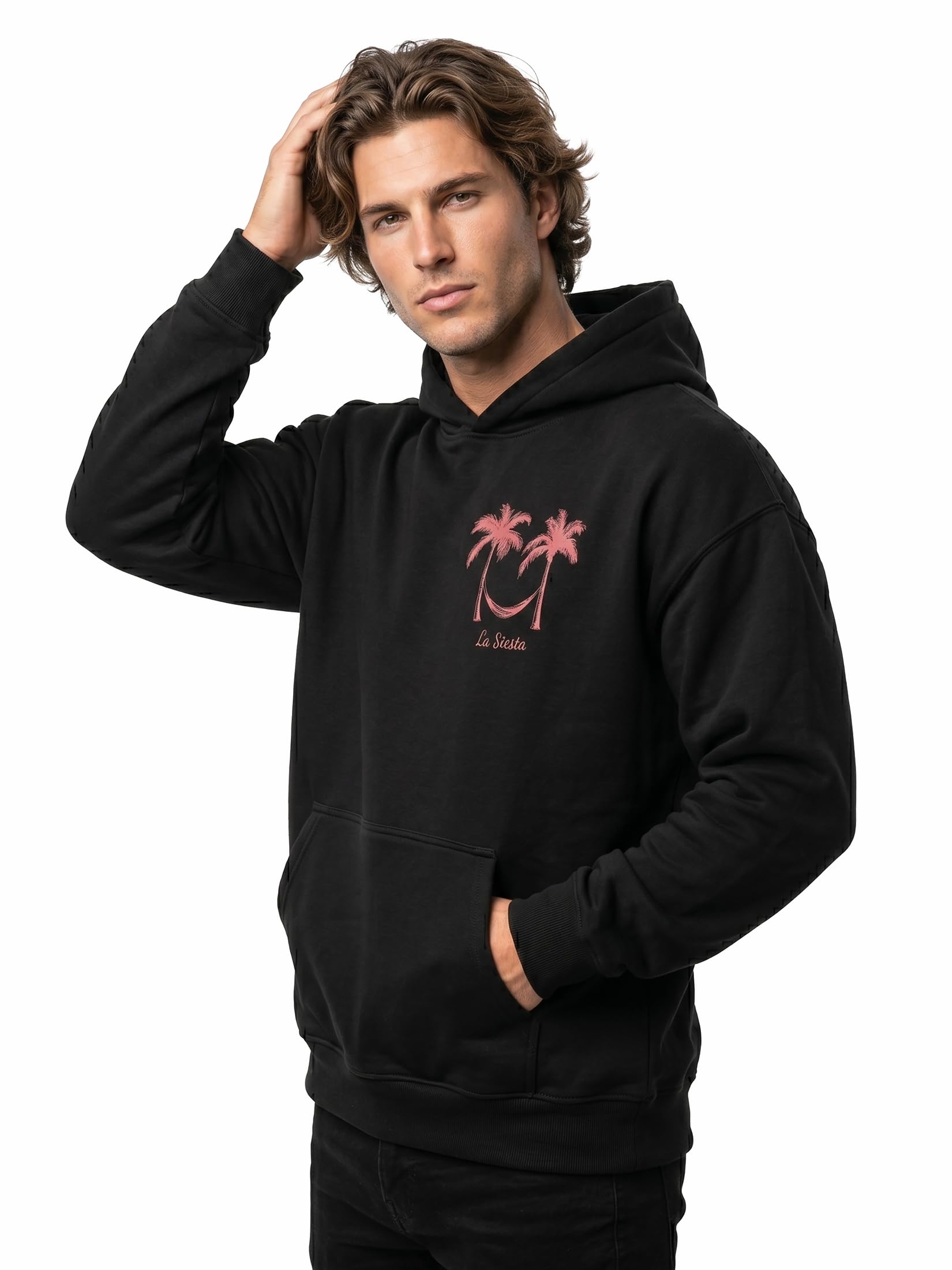 MAKAYA bluza z kapturem męska z nadrukiem palm lato surfer plaża styl boho vintage luźny hoodie