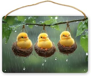 Spring Chick Nest Rain Sign,Rustic Wood Wall Decor with Yellow Chicks & Dripping Leaves, Farmhouse Wooden Plaque for Living Room, Adorable Nursery Hanging Art, Door Sign, 12x8 Inch