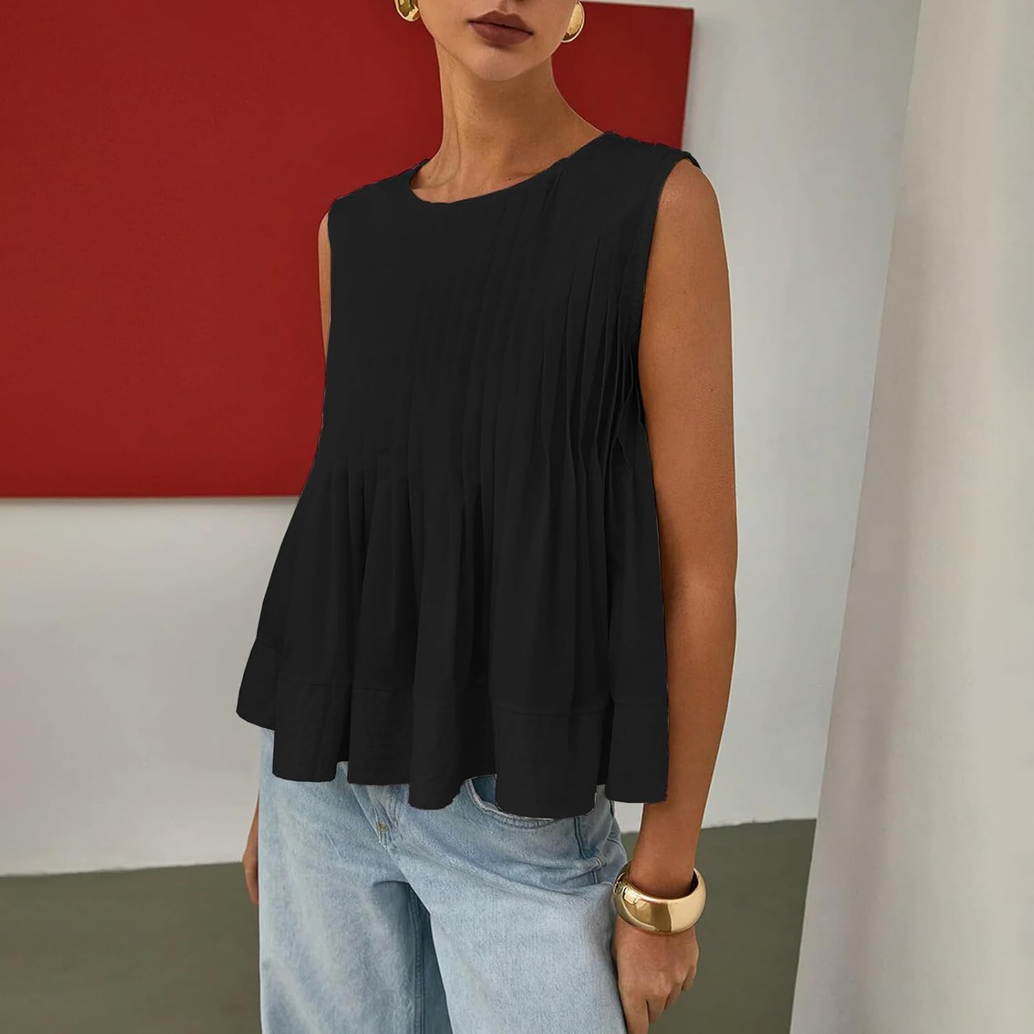 WOWULOVELY Womens Summer Pleated Peplum Sleeveless Blouse Tank Tops Crew Neck Babydoll Blouse Y2K Round Shirt 2025 - Image 4
