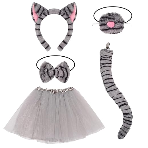 5 Pieces Tabby Cat Costume Accessories for Girls, Grey Cat Costume with Headband, Nose, Bow Tie, Tutu, Skirt, Tail, Animal Costume for World Book Day, Carnival
