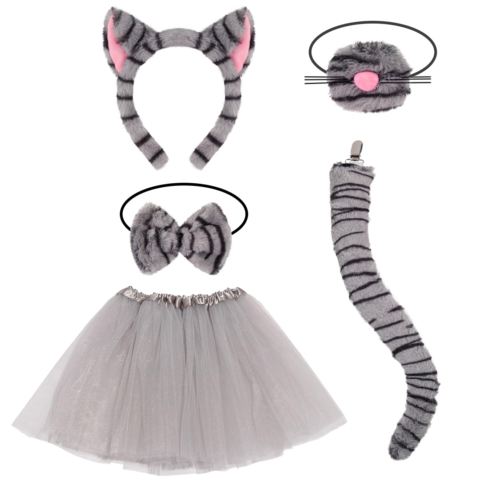 Xerteam 5 Pcs Tabby Cat Costume Accessories for Girls Grey Cat Costume with Headband Nose Bow Tie Tutu Skirt Tail