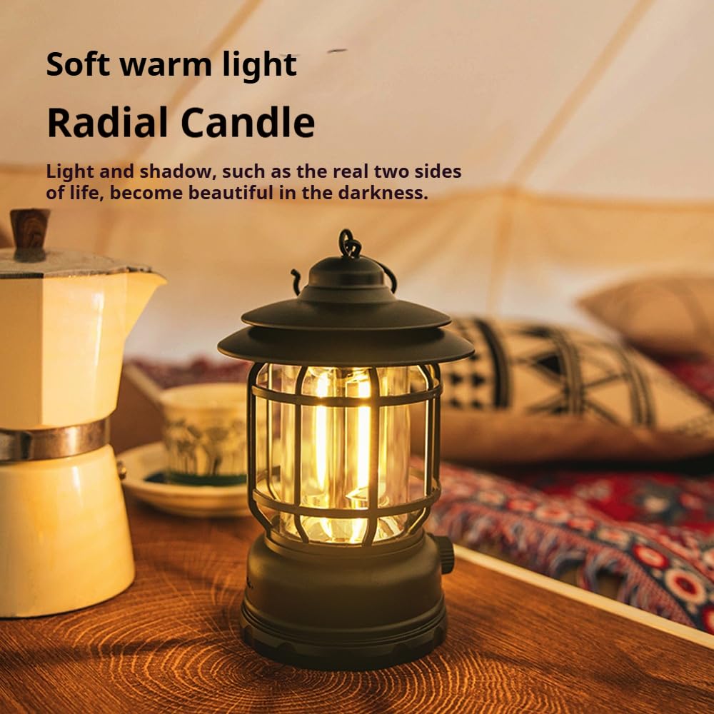2-pak ładowalnych lampionów kempingowych, przenośna lampa namiotowa LED z bezstopniowym przyciemnianiem, wodoodporna konstrukcja vintage, oświetlenie 360°, szybkie ładowanie USB-C, dekoracja