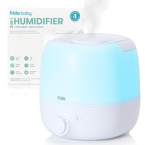 Frida Baby Humidificador de niebla fría 3 en 1 para habitaciones grandes, humidificador de llenado superior para dormitorio, alivio de alergias, 60