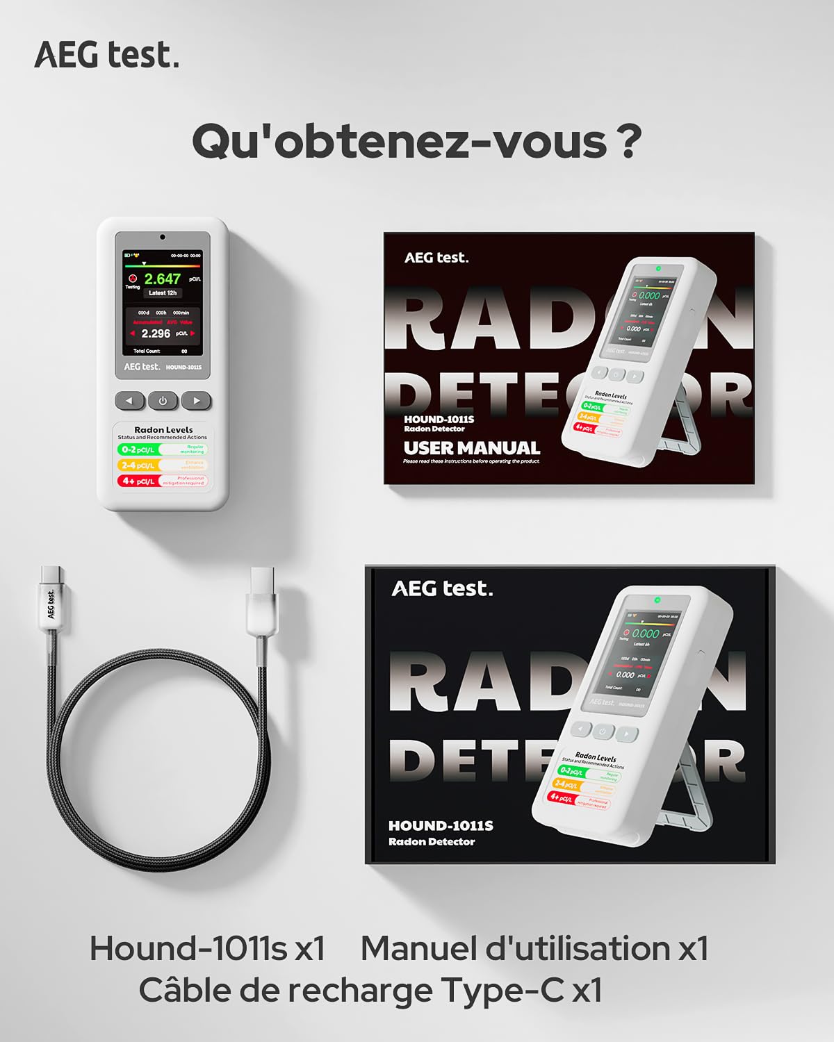 HOUND-1011S Détecteur de radon portable, Capteur haute précision pour la maison, Léger, Alarmes sonores & visuelles, Surveillance à long terme, Testeur de radon en pCi/L ou Bq/m³ pour sous-sol