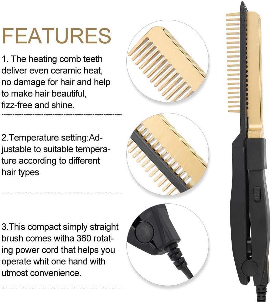 V-Shaped Electric Ceramic Hot Comb, 50W Straightening and Styling Tool, Flat Iron Comb for Smooth, Straight, and Glossy Great Tresses