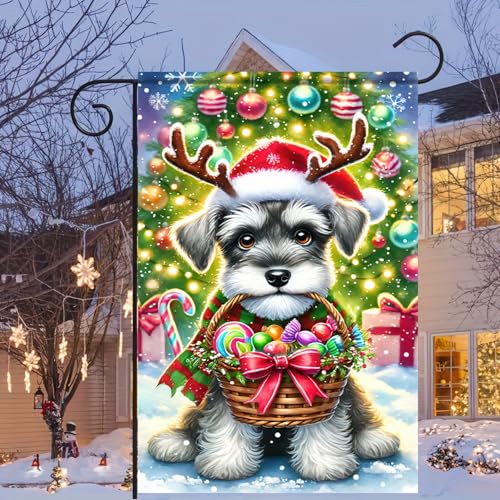 Image of BlissYard Christmas Garden Flag 12x18 Inch Schnauzer Plaid Yard Decor | Double sided polyester, schnauzer with plaid accents design, dog lover decor for Christmas porch and yard