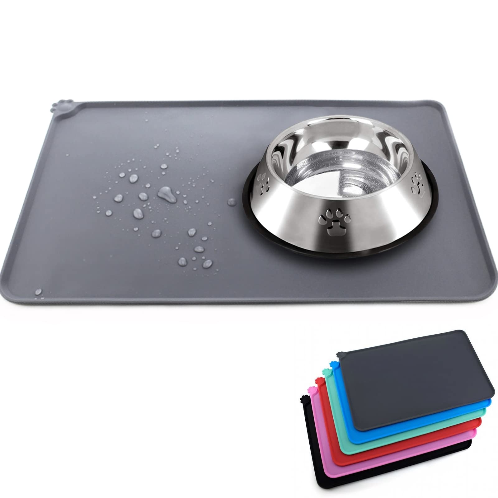 SUOXU Pet Feeding Mat,Waterproof & Non Slip Silicone Bowl Mat,for Dog Feeding Bowl and Water Bowls Pet Food Mat for Medium and Large Dogs(54x38cm, Grey)