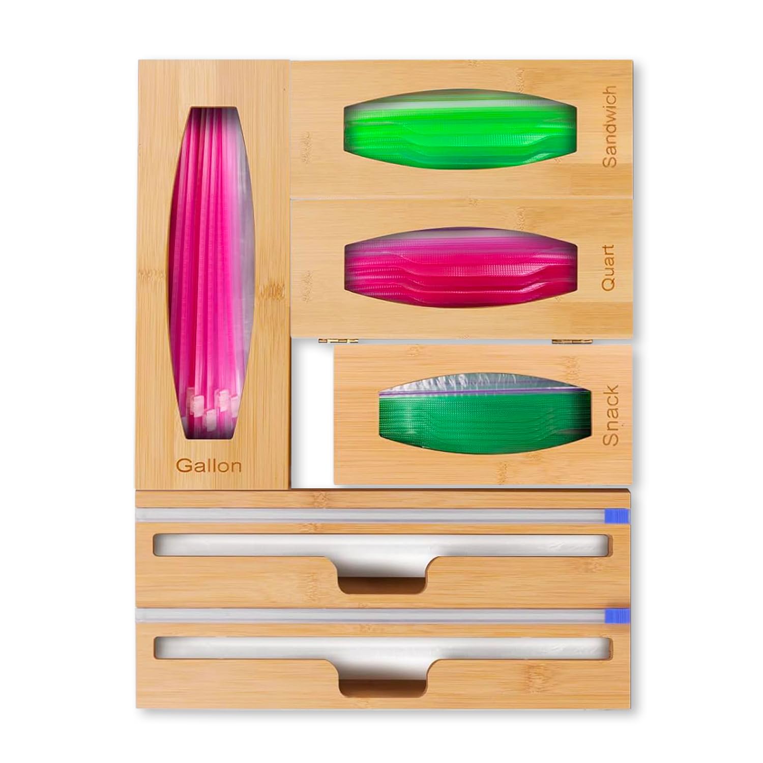 – 6 in 1 Bamboo Bag Organizer for Drawer, Foil and Plastic Wrap Organizer with Cutter, Storage Bag Organizer with Separate Boxes for Gallon, Sandwich, Quart & Snack