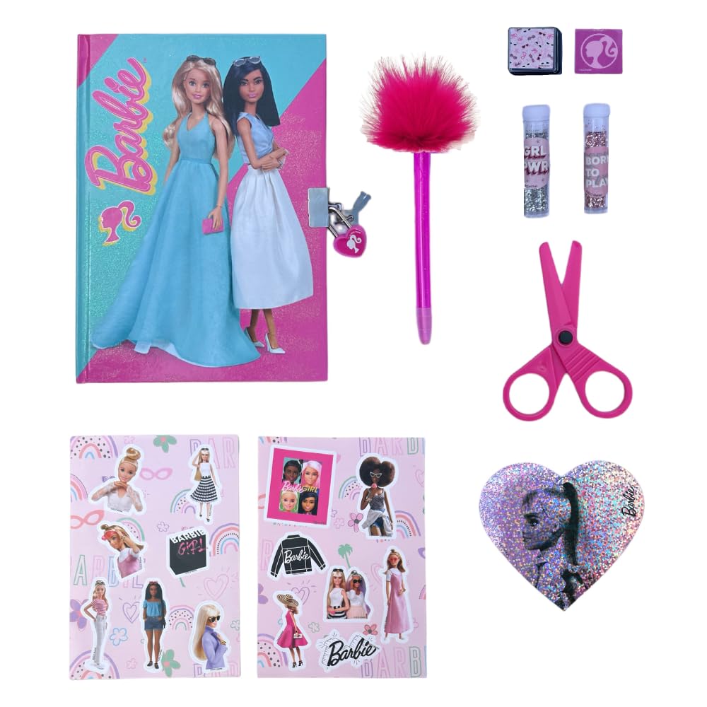 CARTOON Disney Kids Secret Diary with Accessories, Maxi Set, Pen, Stickers, Glitters, Stamps, Scissors, Padlock with 2 Keys (Barbie)