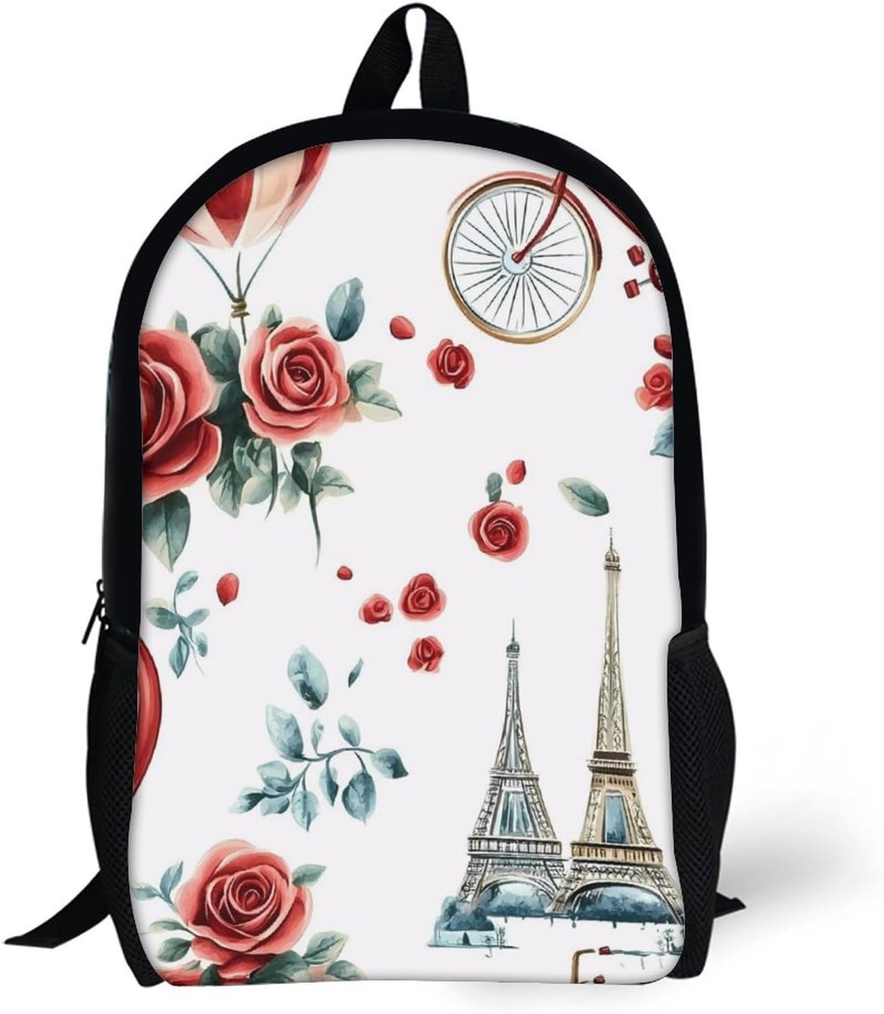 Eiffel Tower Paris Flowers Bicycle Laptop Backpack for Men Women 17 Inch Shoulder Bag Travel Daypack