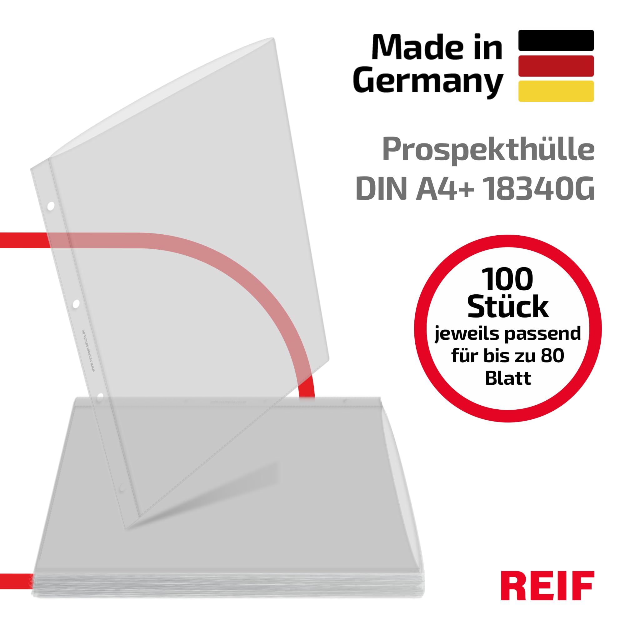 18340G Prospekthüllen A4+, DIN A4 Überformat, 100 Stück aus Green-PE Stärke 0,160 mm, dokumentenecht, oben offen, Dokumentenhülle gelocht für bis zu 80 Blatt, Made in Germany
