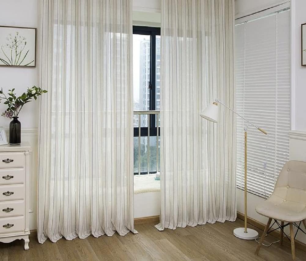 HooHero European Stripes Linen Textured Sheer Curtains Rod Pocket Top Voile Transparent Window Curtain Treatments for Living Kids Dining Room Balocny Kitchen(2 Panels, W 50 x L 84 inch, White)