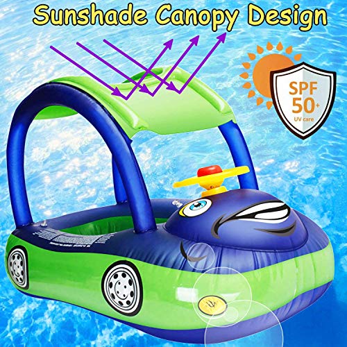 image for iGeeKid Baby Inflatable Pool Float with Canopy, Car Shaped Babies Swim