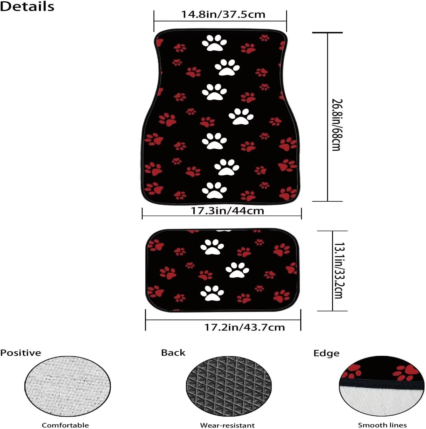Biyejit White Red Paws Car Floor Mats Set of 4, Puppy Paws Animal Foot Print Vehicle Front Rear Carpets Mats Decorative Car Floor Rugs Non-Slip Auto Car Accessories Universal Fit for Car SUV Van Truck