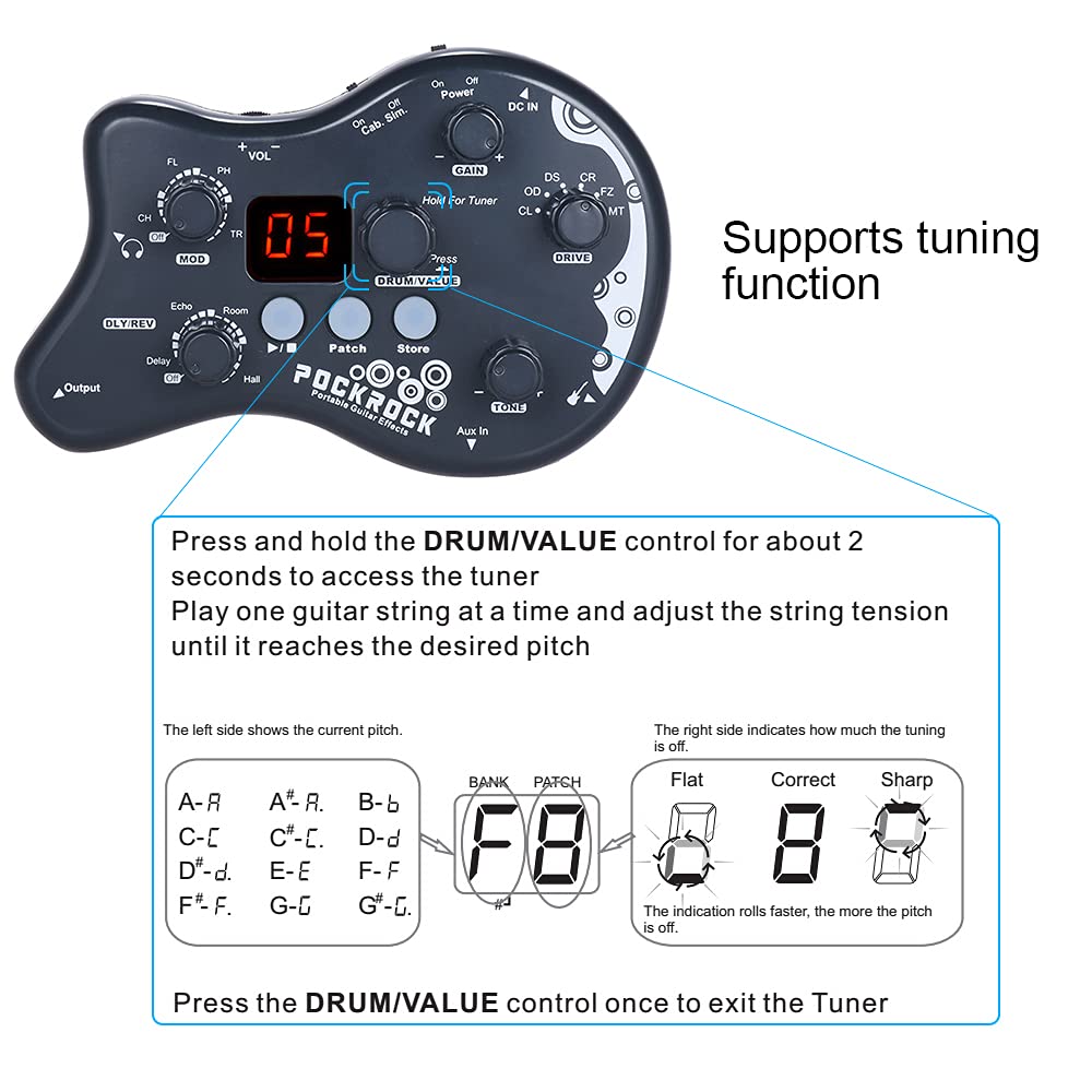 Pédale d’effets pour guitare, processeur multi-effets, 15 types d'effets, 40 fonctions de syntonisation, rythmes de batterie, avec adaptateur d’alimentation