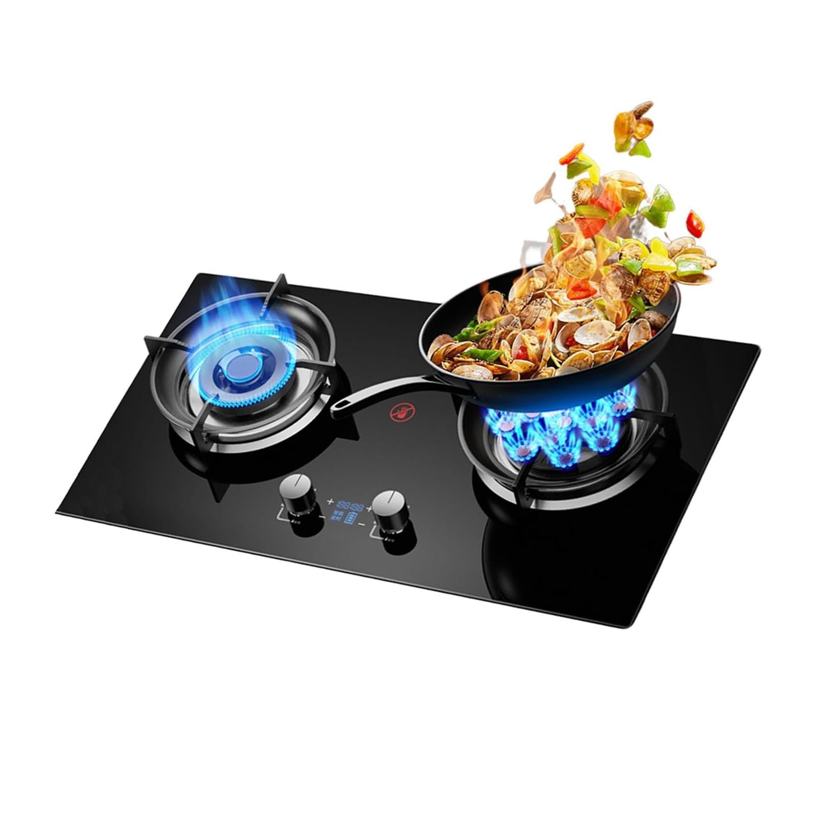 Cuisinière À Gaz 2 Brûleurs, Brûleur Wok À Anneau De Feu 13 Cavités De 5,2 KW, Avec Protection Contre L'extinction De La Flamme Et Minuterie, Kit GPL/gaz Naturel(NG)