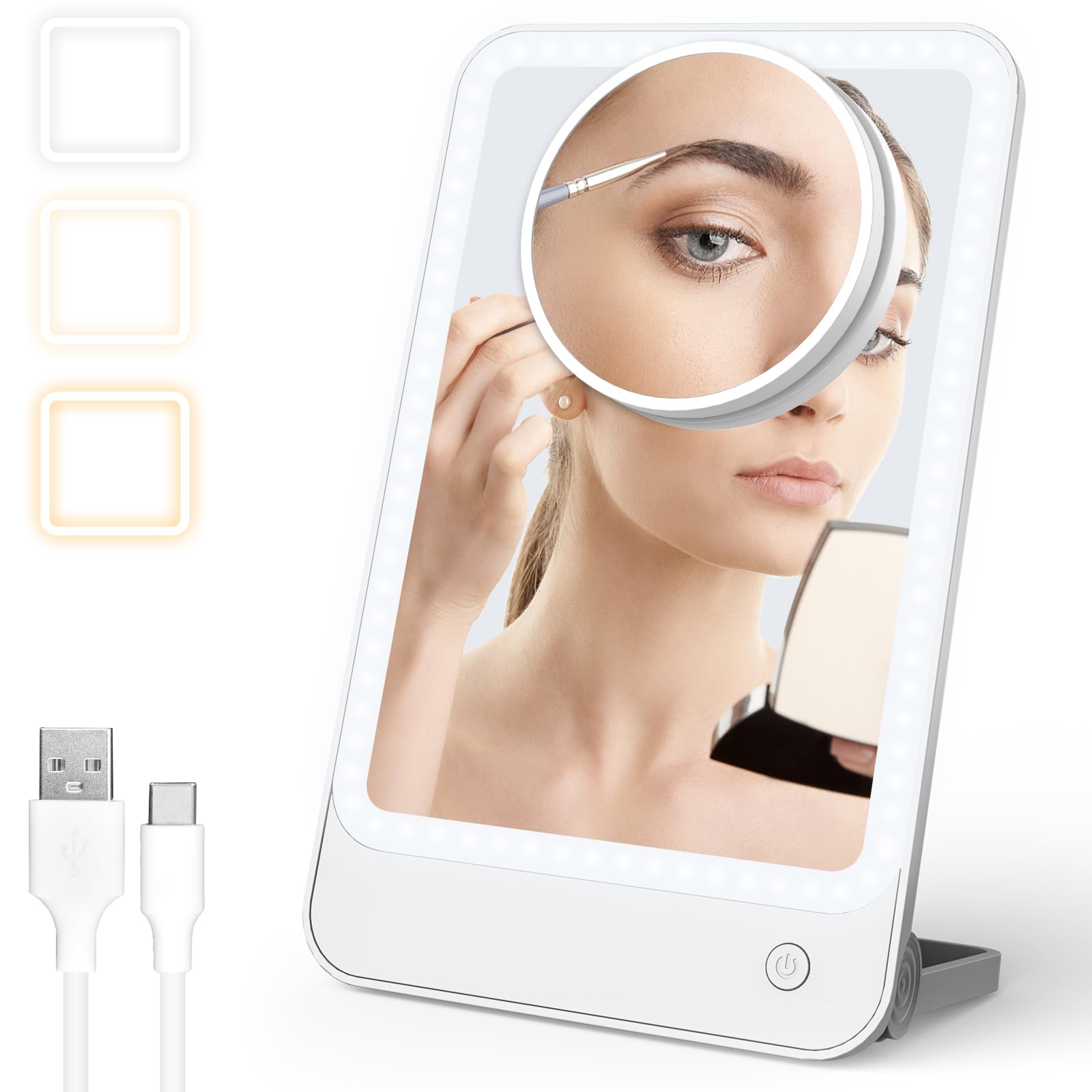 GAOEEINTravel Makeup Mirror with Lights, 1500mAh Rechargeable Tabletop Mirror with 10X Magnification, 180° Adjustable Stand, 3 Color Lighting, Dimmable Portable Folding