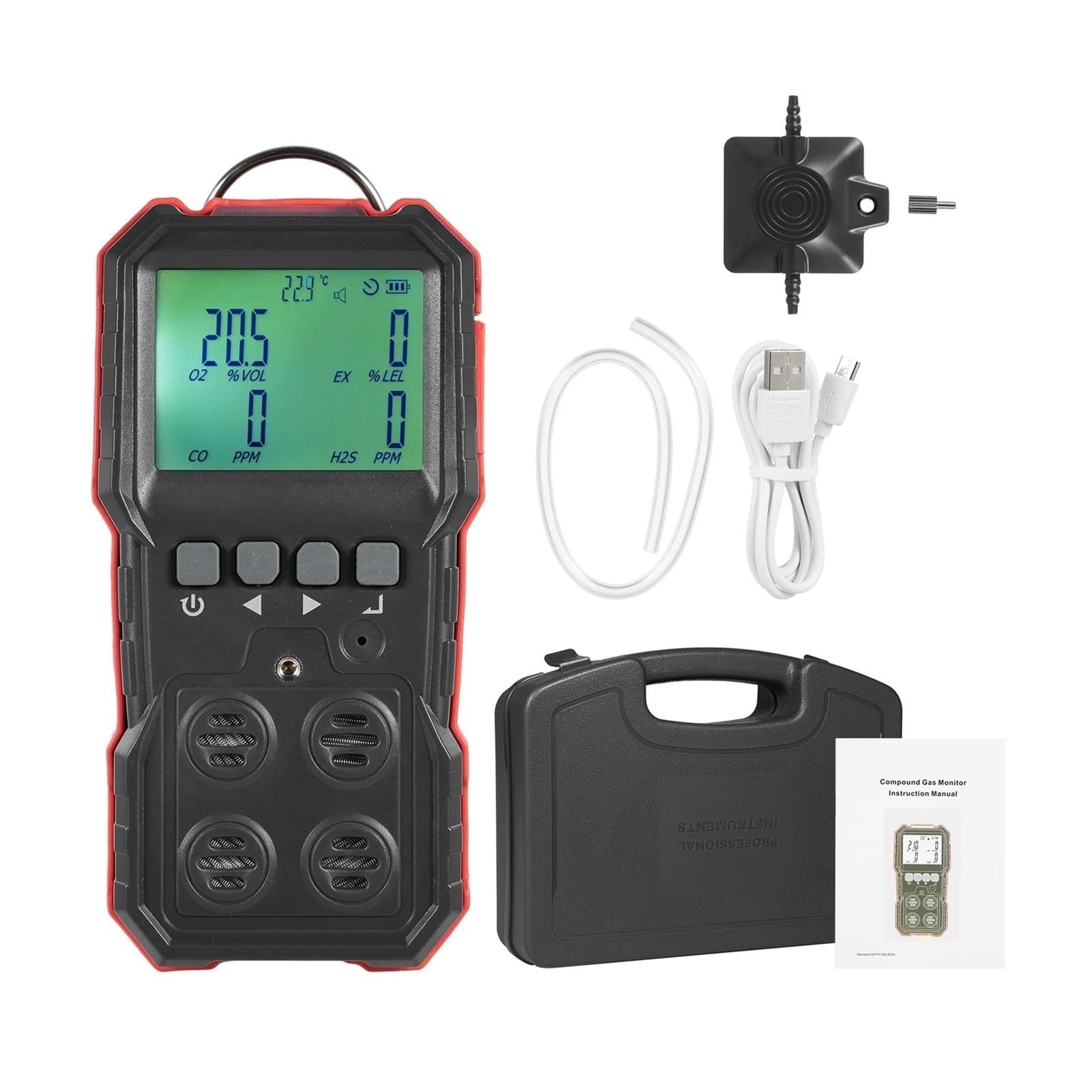 Monitor pomiaru gazów 4 w 1 Monitor gazu LEL/O2/H2S/CO Wyświetlacz LCD Dźwięk Światło Wibracja Alarm Rejestracja danych Precyzyjne czujniki do szybkiego wykrywania