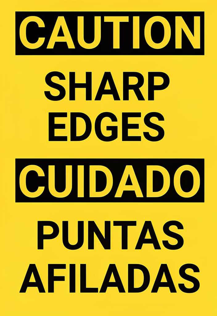 peiyeety CAUTION Sharp Edges/CUIDADO Puntas Afiladas Metal Tin Sign 12x8 Inch, Yellow & Black Bilingual Safety Warning Plaque for Workshop, Garage, Warehouse, Industrial Home Decor