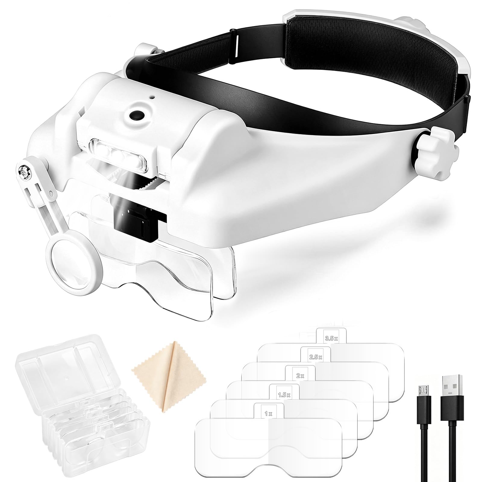 EEEKit Stirnband Lupe mit LED-Licht | Freisprecheinrichtung – wiederaufladbar – 5 abnehmbare Lupen für Lese-Hobbys und enge Arbeit