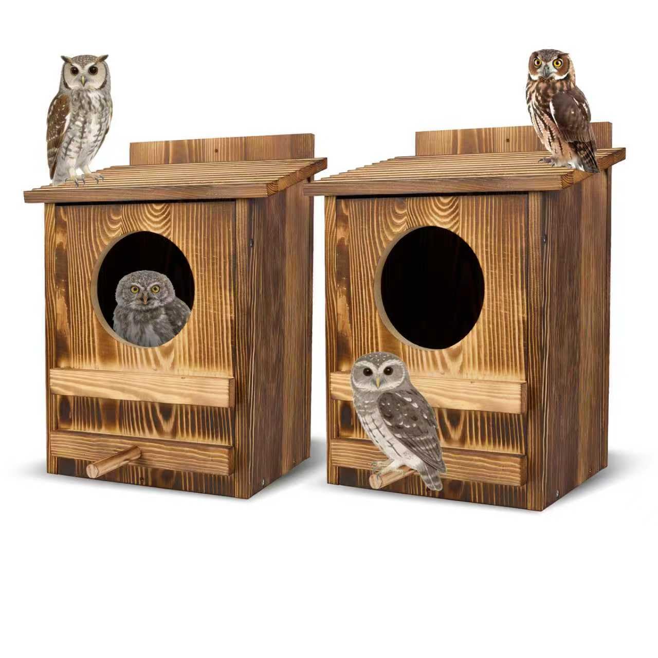 2PCS Carbonized Cedar Owl Houses