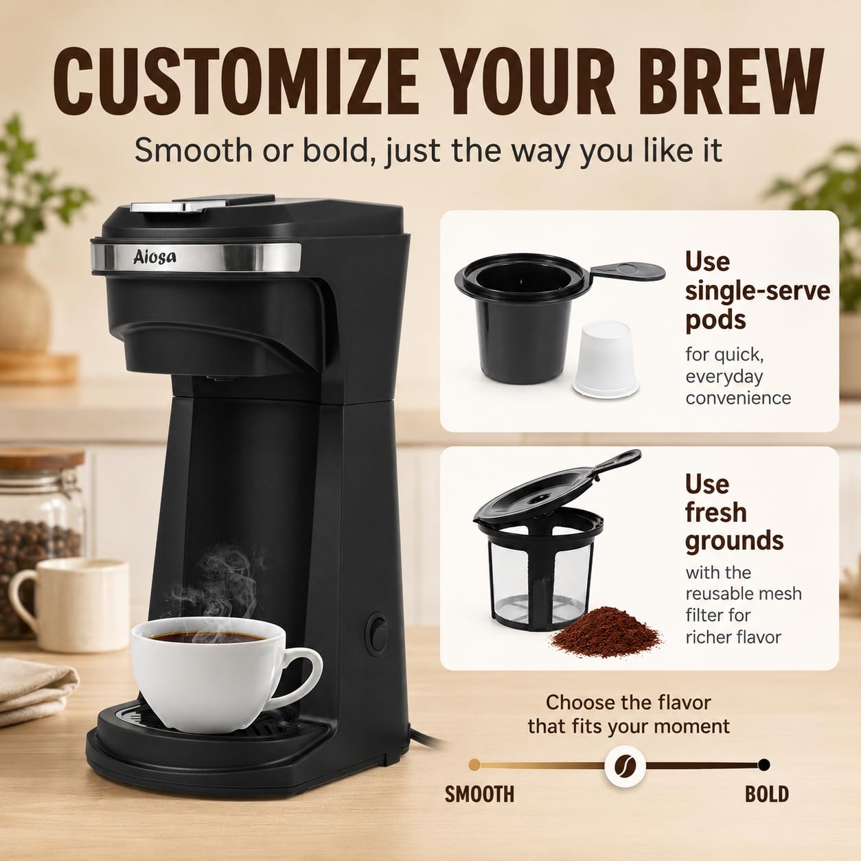 Macchina da caffè 2 in 1, monoporzione K da 14 once, con tazza da viaggio, mini macchina da caffè personale individuale, funzionamento con un pulsante, spegnimento automatico, 800 W con filtro