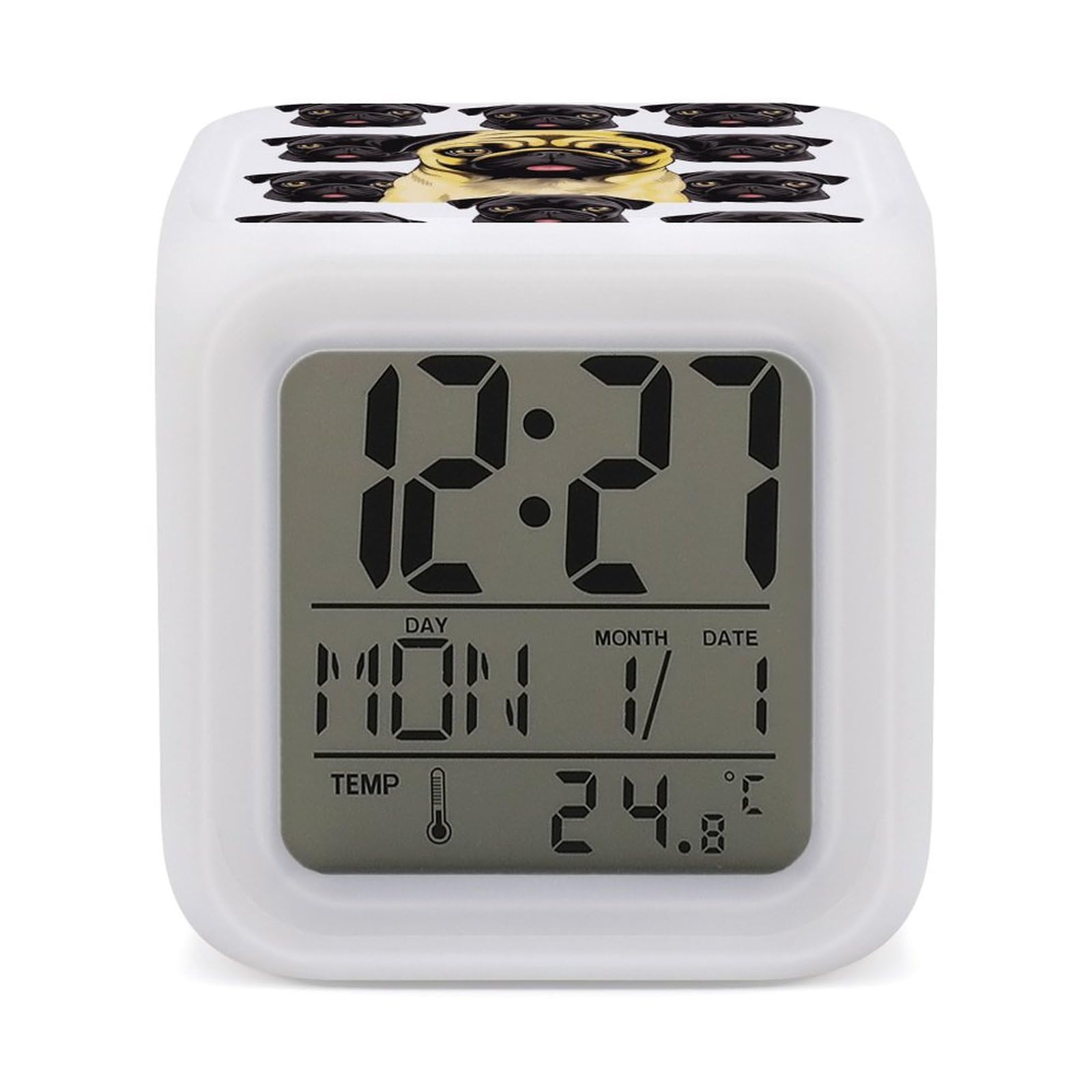 VstaDank Black Yellow Pug Digital Alarm Clock LED Display Screen Color Change Alarms Clock Smart Alarm Clock Wake Up Digital Clocks with 7 Color Nightlight for Bedroom