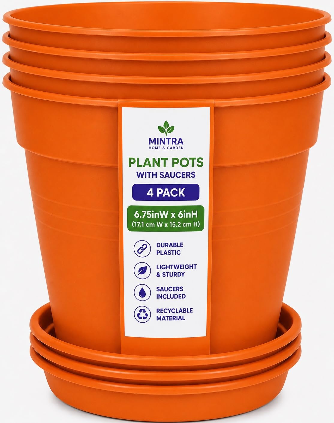 Mintra Home Garden Pots 4pk - Flowers, Herbs, Plants, Indoor, Outdoor, Colorful, Wholesale, Bulk (Orange, 17cm Diameter (6.6in)) โ image 1