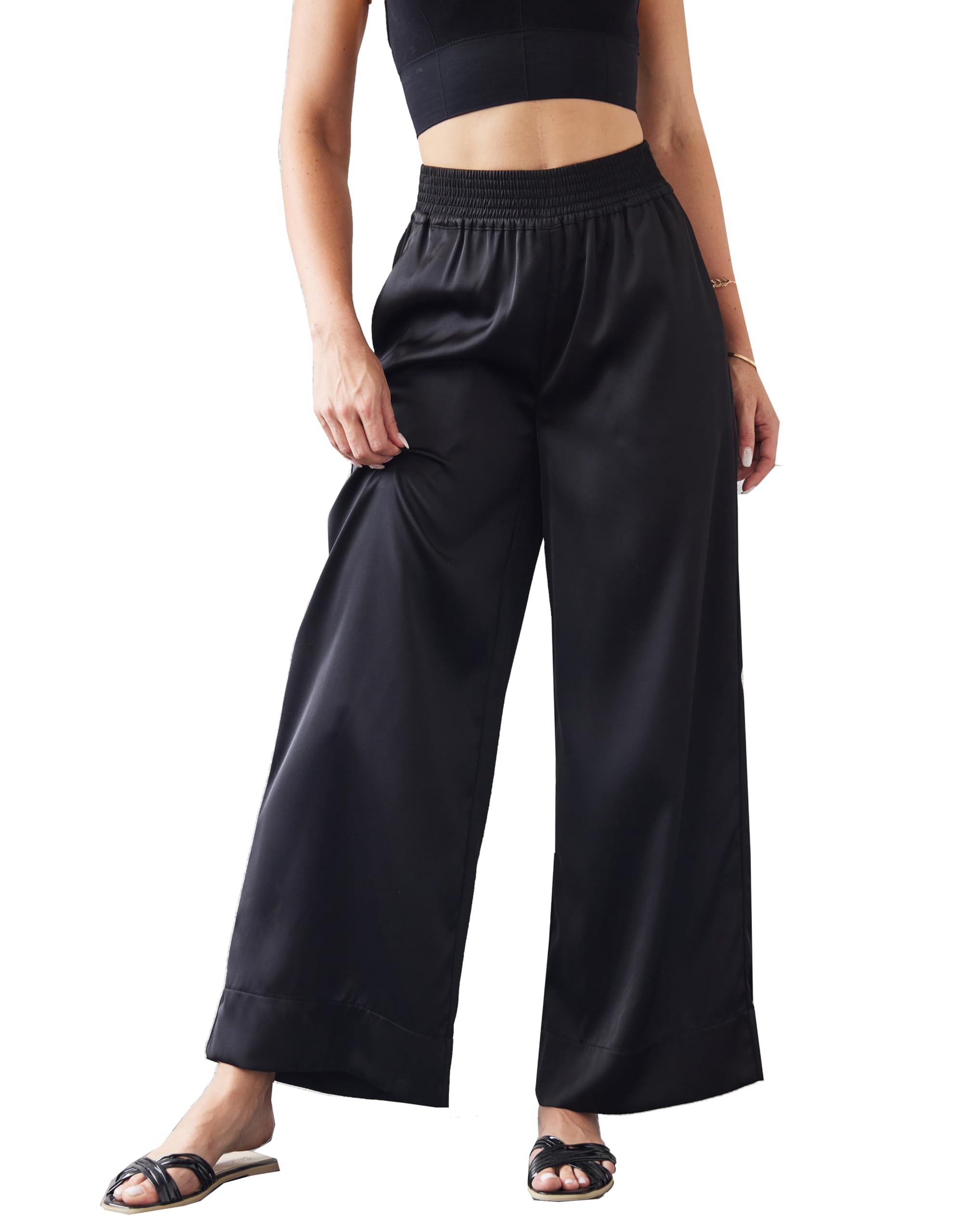Womens Satin Wide Leg Palazzo Pants Silky Elastic Waist Party Nightout Dress Casual Slacks Flowy Pants