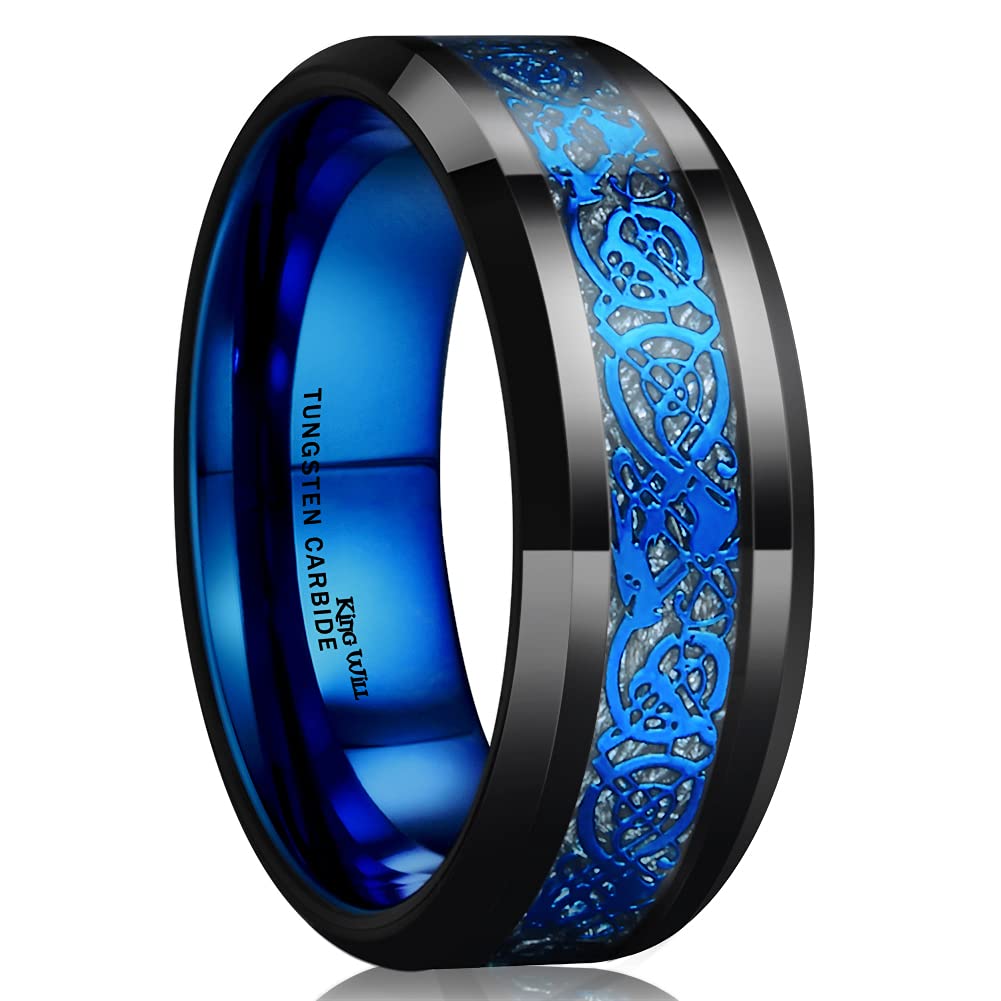 King WillDragon 8mm/6mm Red/Blue/Green/Orange/Purple/Silver/Black/Azure/Mazarine Celtic Dragon Tungsten Carbide Mens Wedding Band Ring Comfort Fit