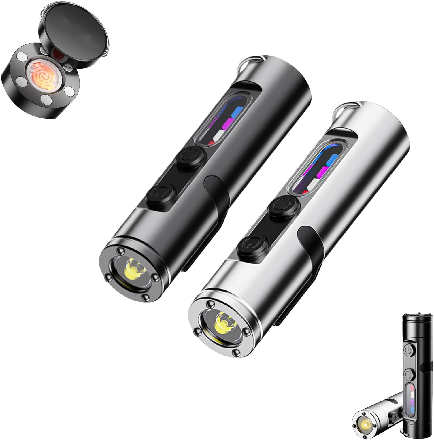 Pocket Rechargeable EDC Flashlight, 500 Lumens Mini Keychain Light with Fire Starter & Window Breaker, Rechargeable Keychain Flashlight for Outdoors Indoor Emergency Working (Black White)