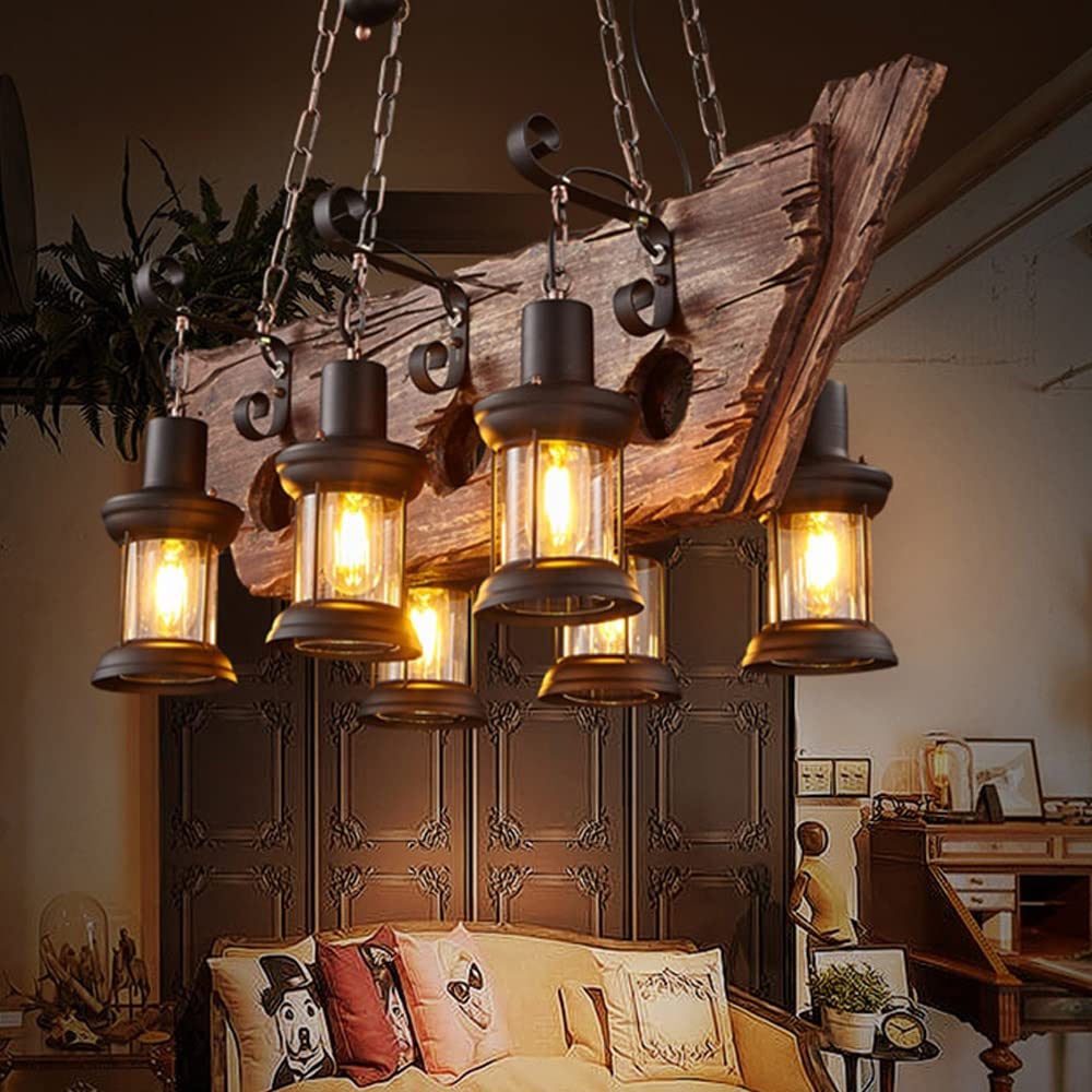 Lampa wisząca z 6 lampami z drewna łodzi