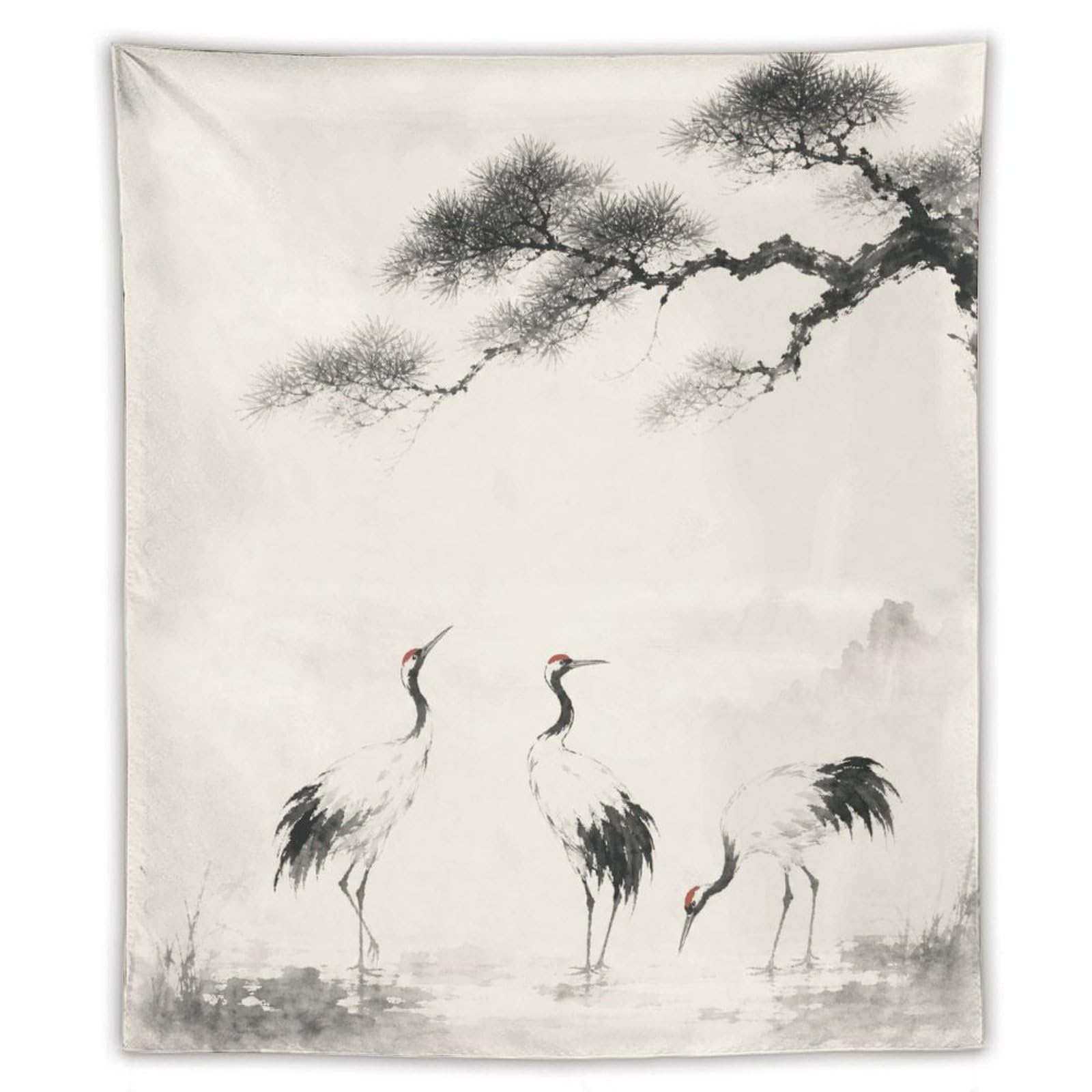 H3B8U2Y5 Cranes in Mist Wall Tapestry, Asian Ink Style, Room Divider