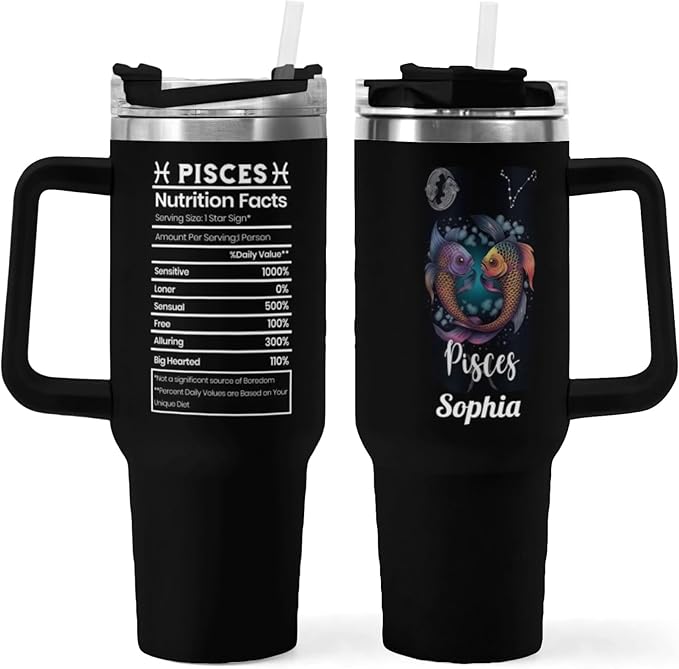Personalized 40oz Pisces Name Zodiac Sign Nutrition Facts Stainless Steel Insulated Vacuum Tumbler Mug Water Bottle with Handle,3 Lids,Straw,Travel Coffee Constellation Cup,Gift for Women(Lid-01)